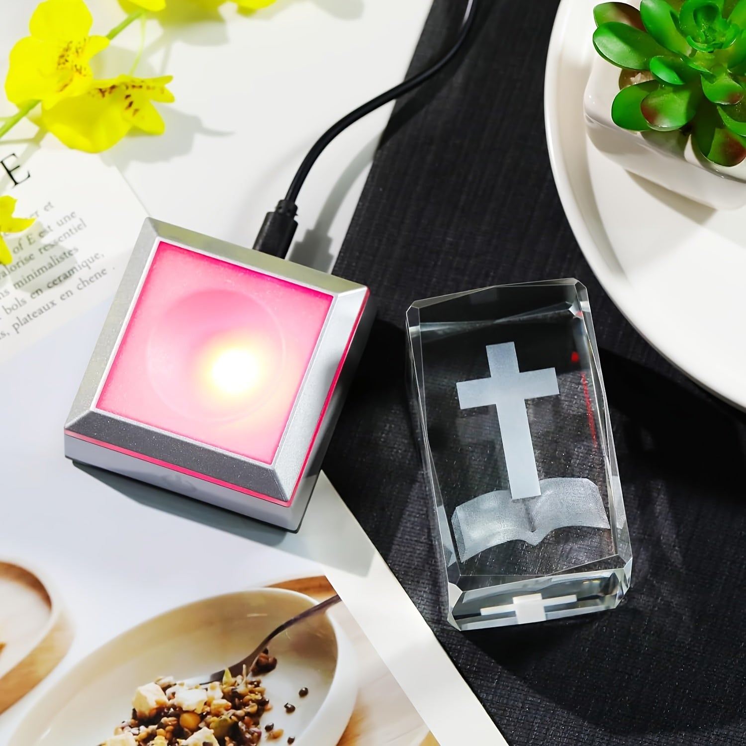 PrayerLite™ 3D Crystal Cross on Bible with Multicolor LED Light