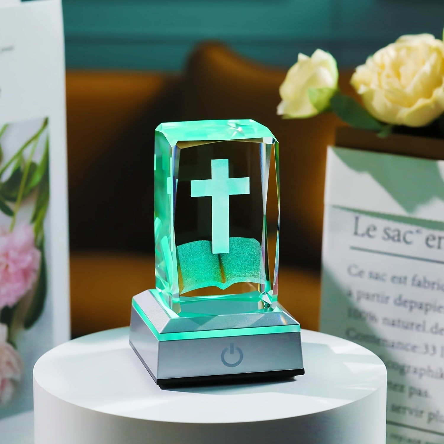 PrayerLite™ 3D Crystal Cross on Bible with Multicolor LED Light