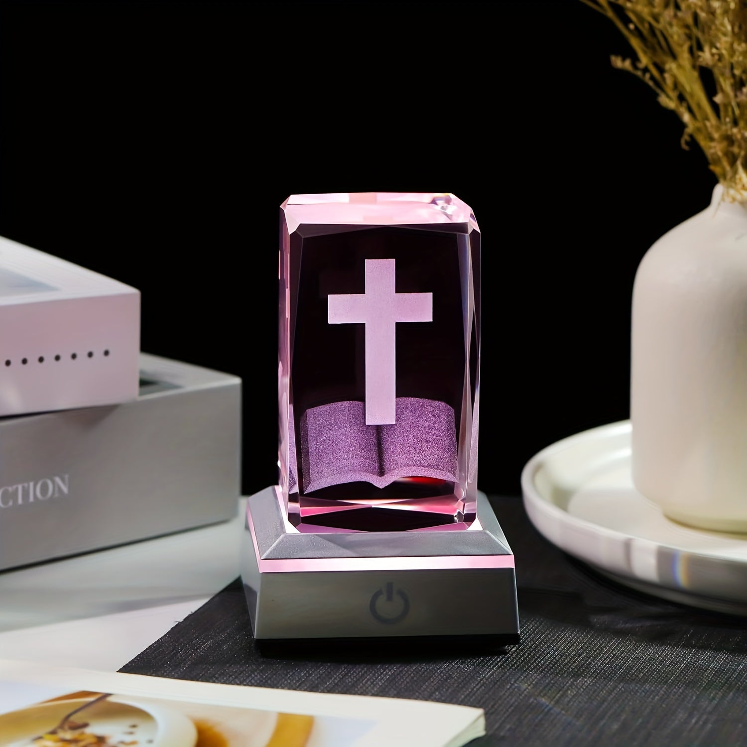 PrayerLite™ 3D Crystal Cross on Bible with Multicolor LED Light